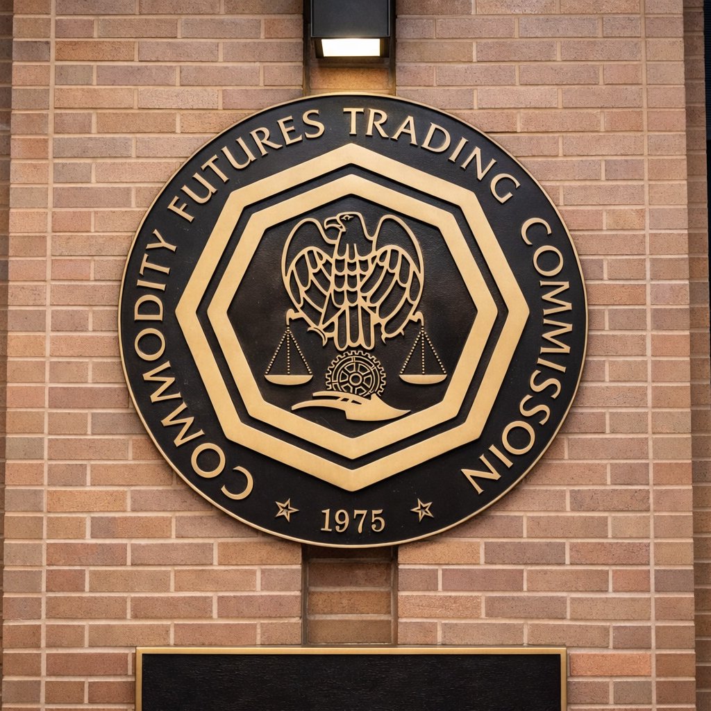 A bronze Commodity Futures Trading Commission seal mounted on an exterior brick wall.