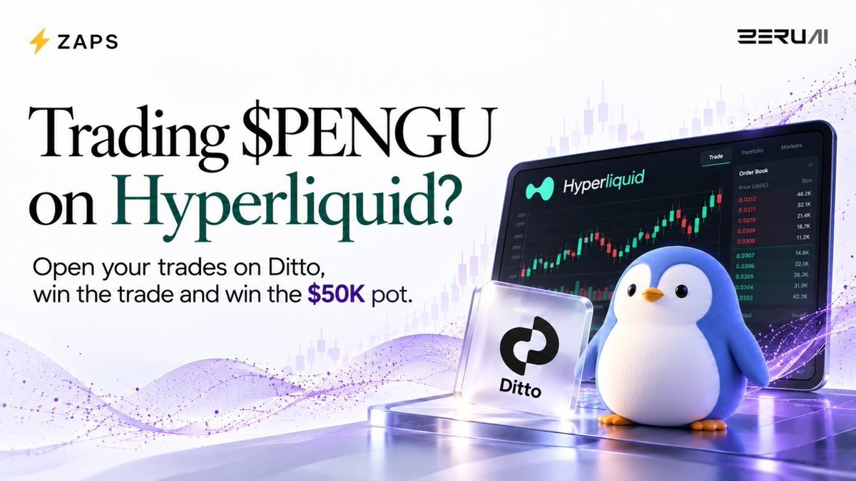 Promotional graphic for the ZeruAI and Ditto campaign on Zaps featuring Hyperliquid trading and a 3D penguin character.