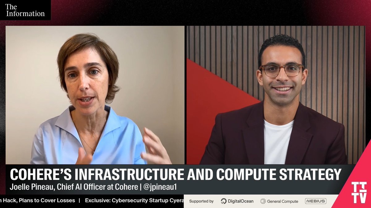 Video interview split screen showing Cohere Chief AI Officer Joelle Pineau discussing the company's infrastructure and compute strategy.