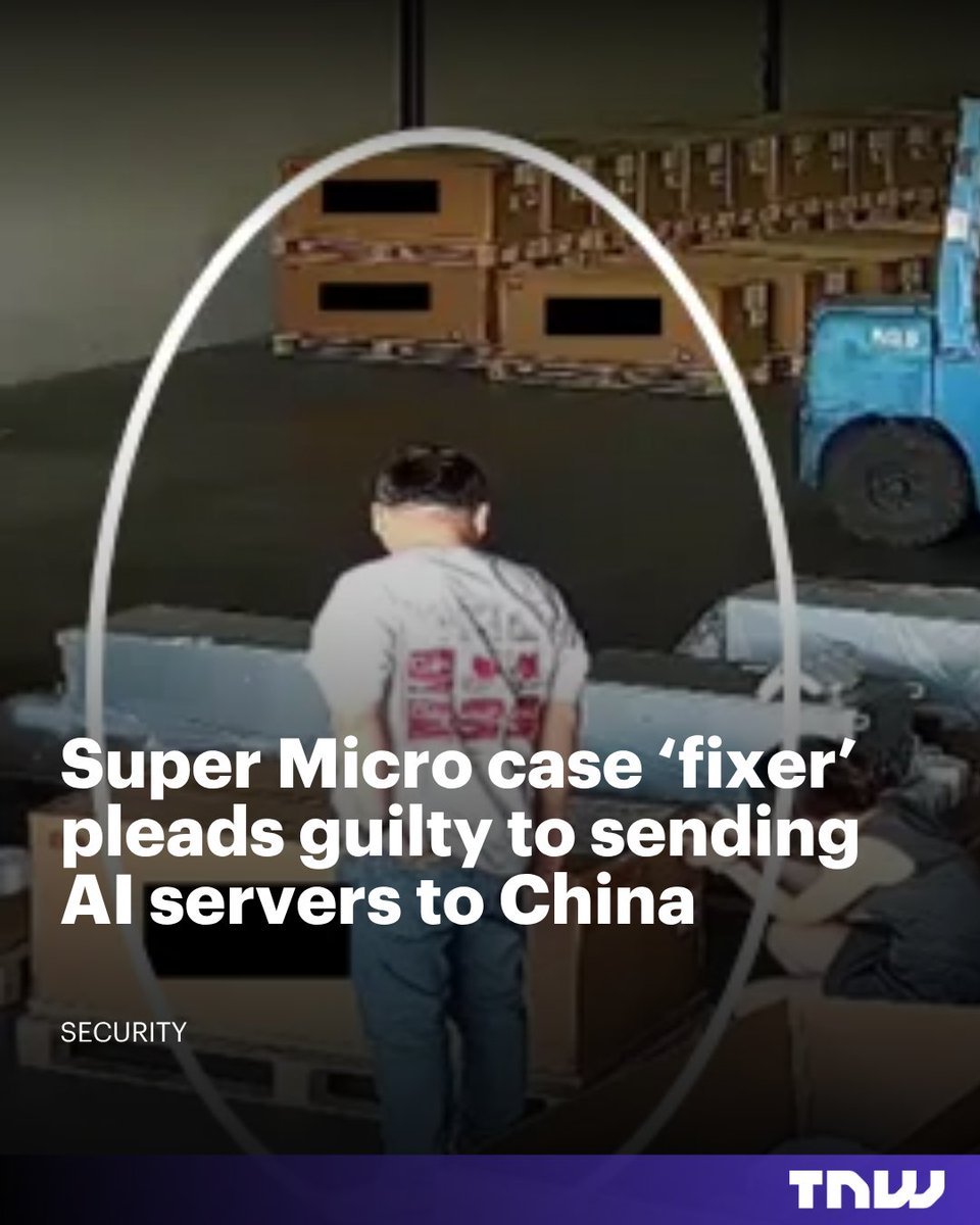 Graphic depicting a person standing near boxed server equipment in a warehouse, with headline text discussing the Super Micro case.
