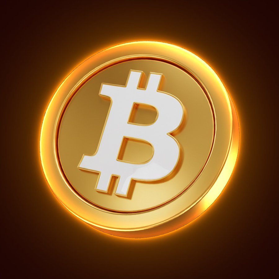 A glowing 3D rendering of a gold bitcoin token.