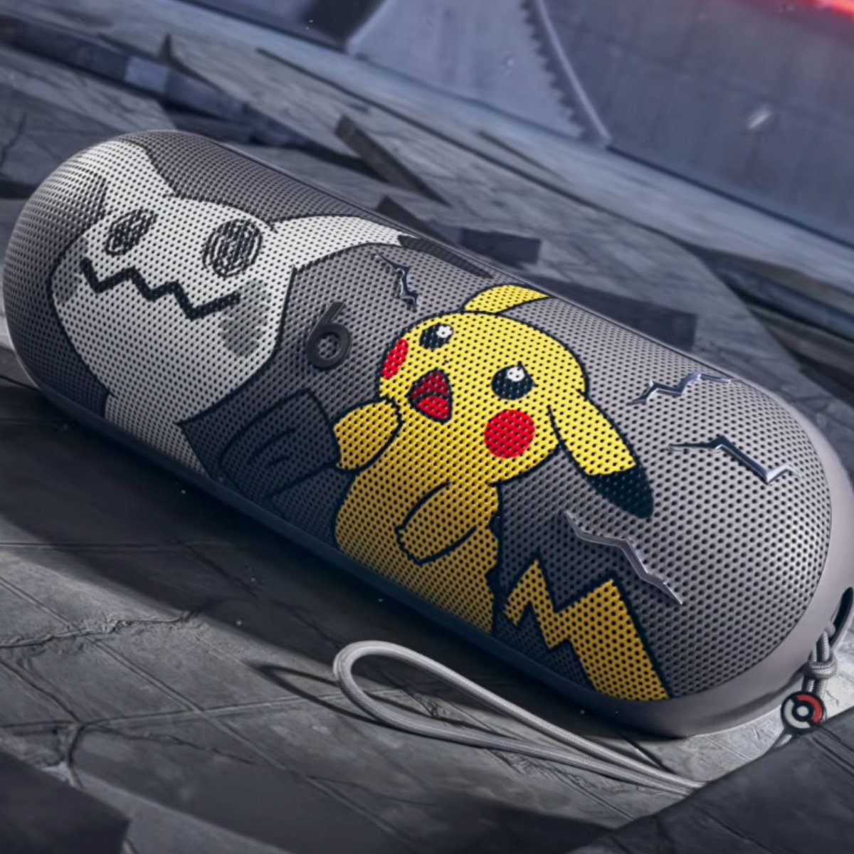 Special-edition Pokémon Beats Pill speaker featuring Pikachu and Mimikyu printed on the front grille.