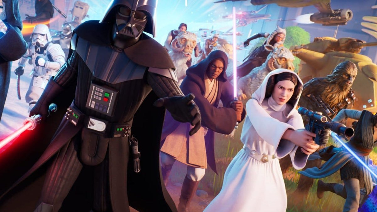 Star Wars characters including Darth Vader and Princess Leia rendered in a video game shooter setting.