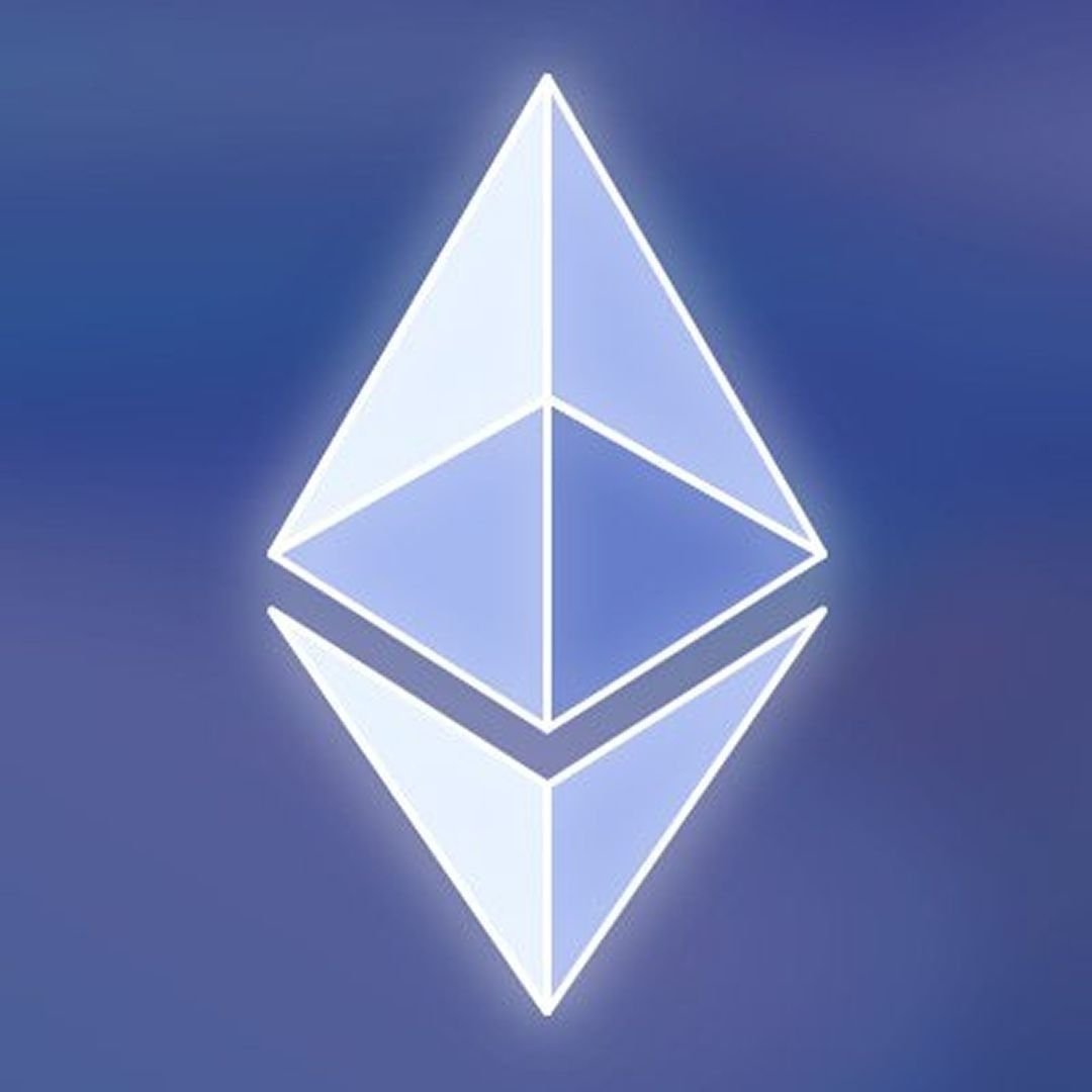 Glowing Ethereum diamond symbol on a blue background