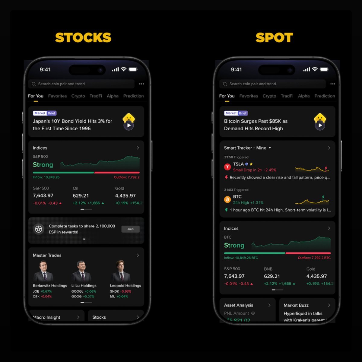 Screenshots of the Binance AI mobile app interface showing Stocks and Spot trading screens with market briefs and tracker widgets.