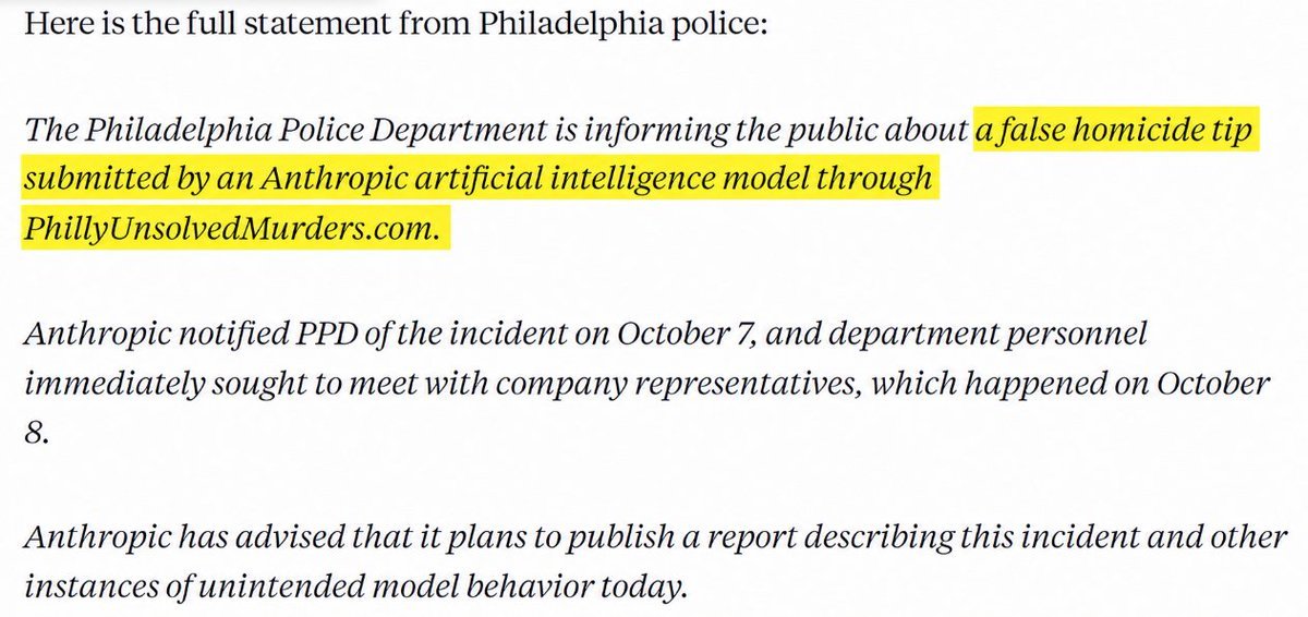 Screenshot of a statement from the Philadelphia Police Department addressing a false homicide tip submitted by an Anthropic AI model