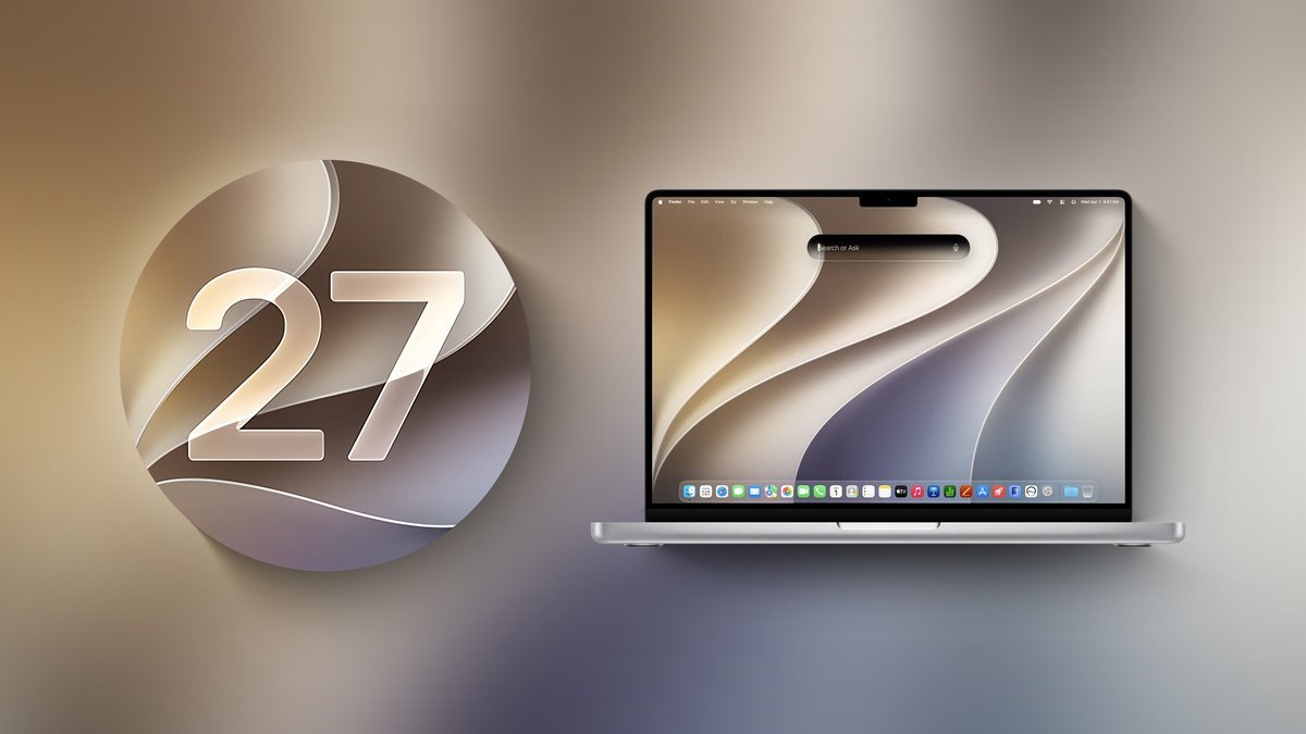 Graphic depicting macOS interface displayed on a MacBook next to a circular macOS logo