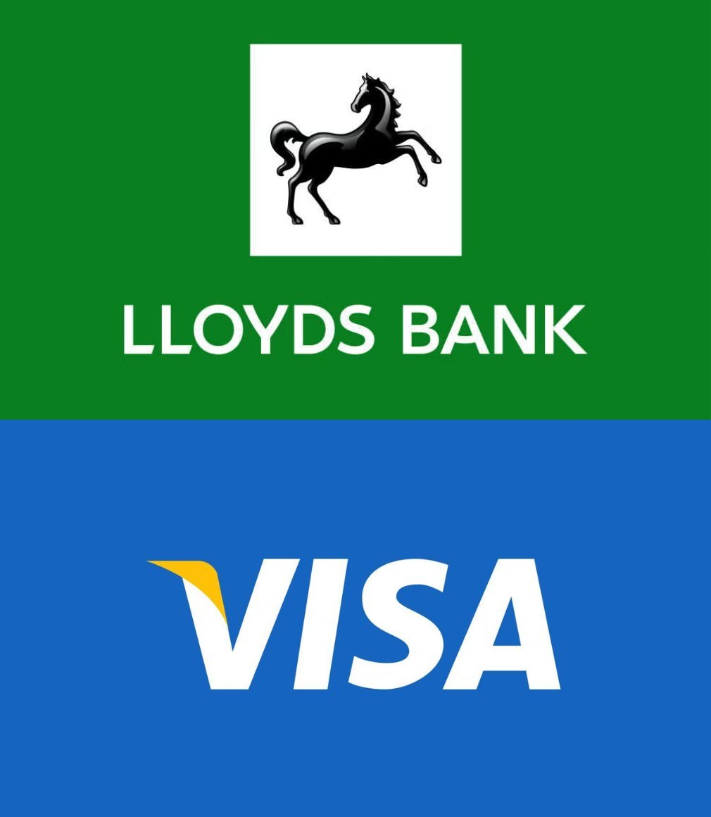 Logos of Lloyds Bank and Visa stacked vertically on green and blue backgrounds.