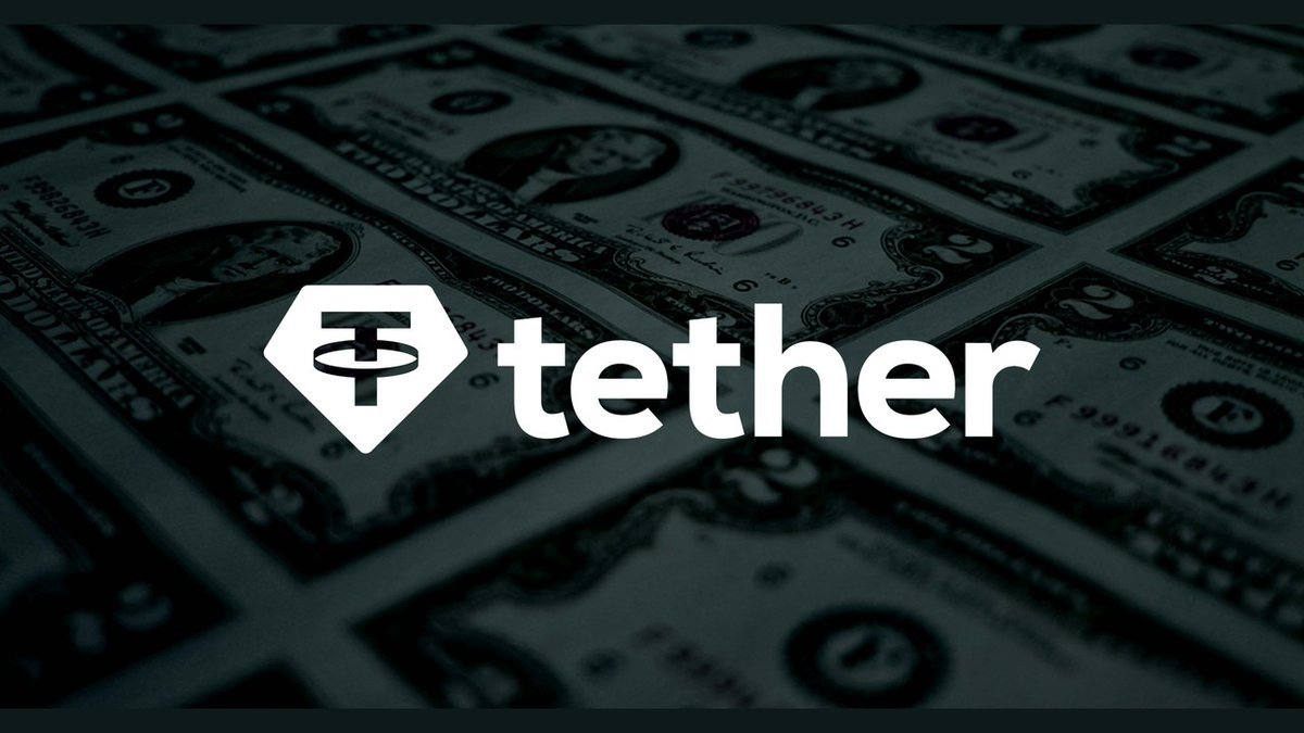 Tether logo and wordmark overlaid on a background of US dollar bills