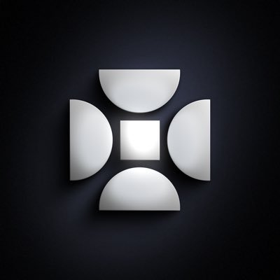 Geometric logo consisting of a central square surrounded by four curved semicircular shapes against a dark background