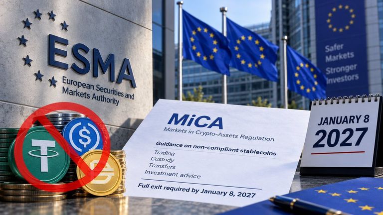 An illustrative image featuring ESMA signage, European Union flags, a document titled MiCA Guidance on non-compliant stablecoins, a calendar showing January 8, 2027, and stablecoin tokens under a prohibition symbol.
