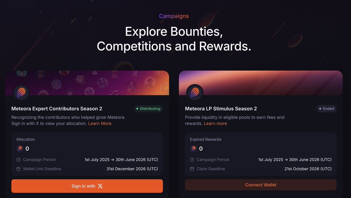 Screenshot of the Meteora Campaigns interface showing details for Meteora Expert Contributors Season 2 and Meteora LP Stimulus Season 2.