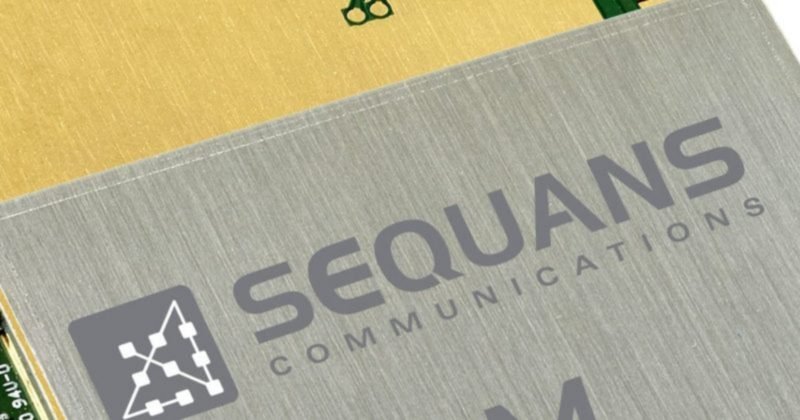 Close-up of a Sequans Communications semiconductor hardware chip.