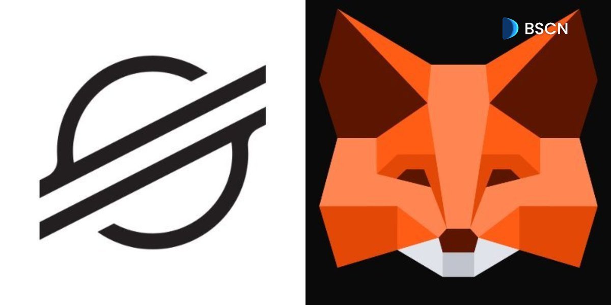 Graphic showing the Stellar network logo on the left and the MetaMask fox logo on the right.