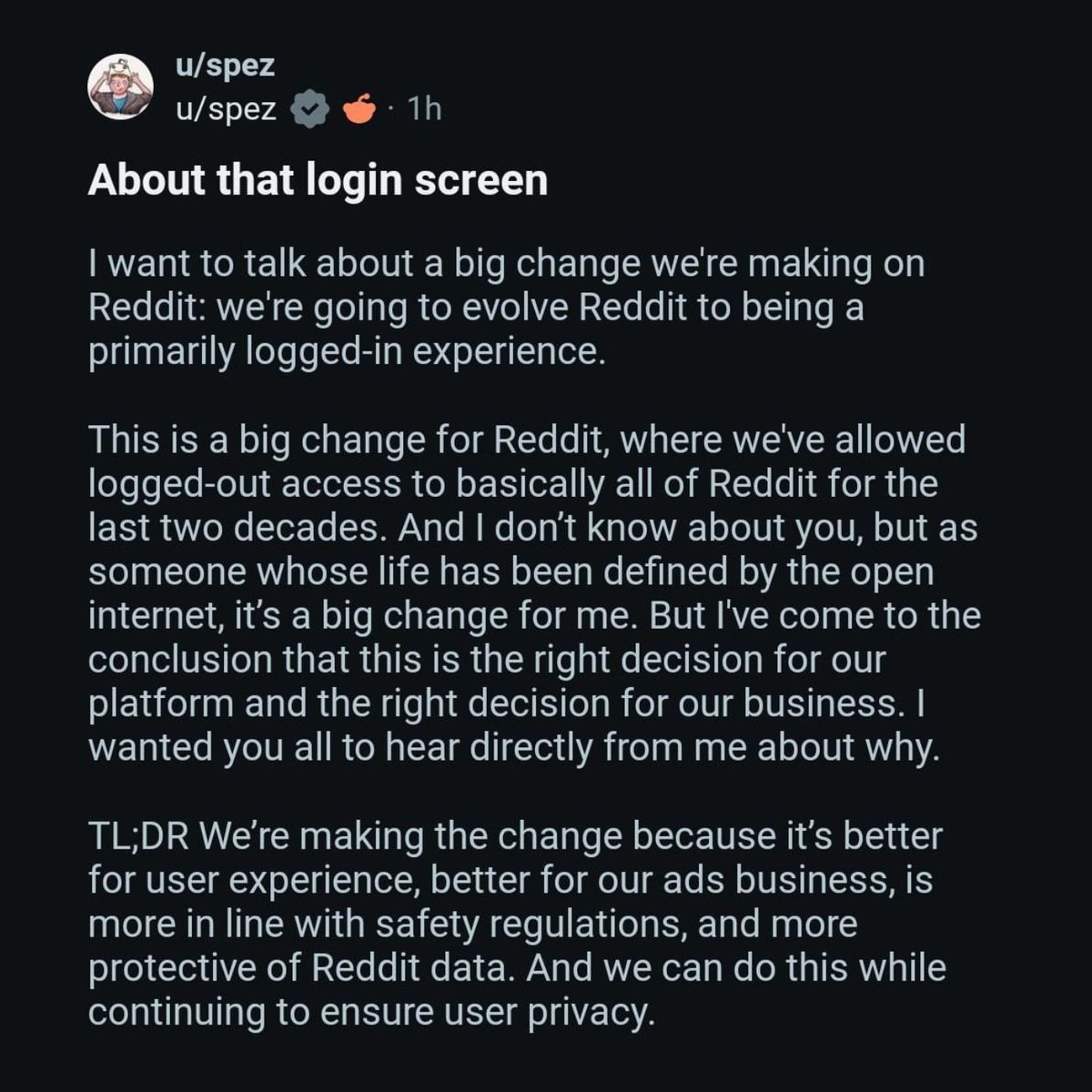 Screenshot of a Reddit post by CEO Steve Huffman, titled 'About that login screen', announcing Reddit's shift to a primarily logged-in experience.