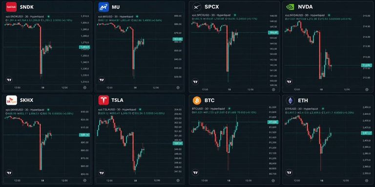 A grid of eight price charts showing sharp dips and rebounds for SNDK, MU, SPCX, NVDA, SKHX, TSLA, BTC, and ETH perpetual contracts on Hyperliquid.