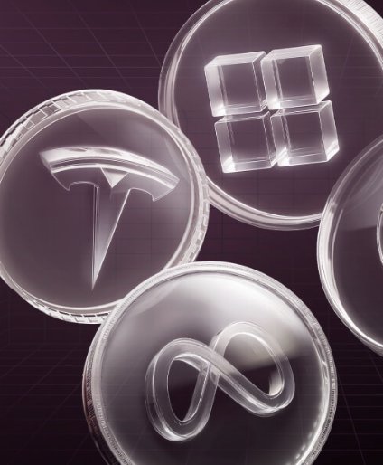 Conceptual 3D illustration of transparent tokens bearing corporate logos including Tesla and Meta on a dark background.