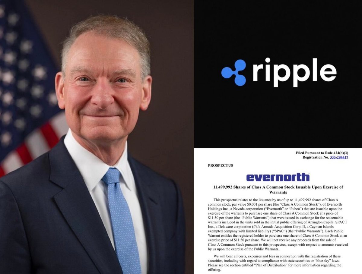 Composite graphic showing a man in a suit next to the Ripple logo and an excerpt from Evernorth's SEC prospectus filing.