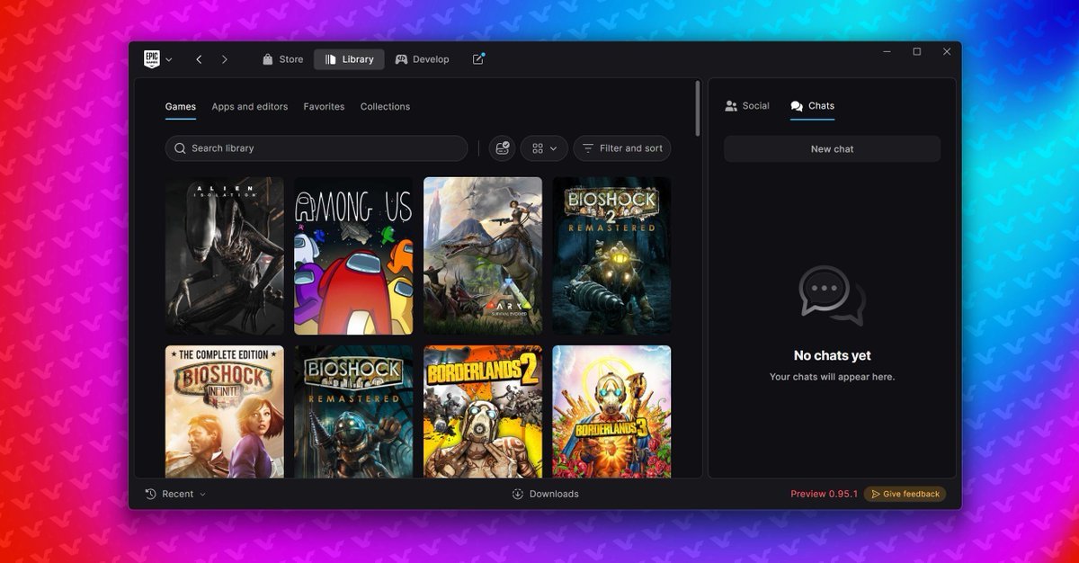 Screenshot of the redesigned Epic Games Launcher Preview 0.95.1 interface showing a game library grid and chat panel.