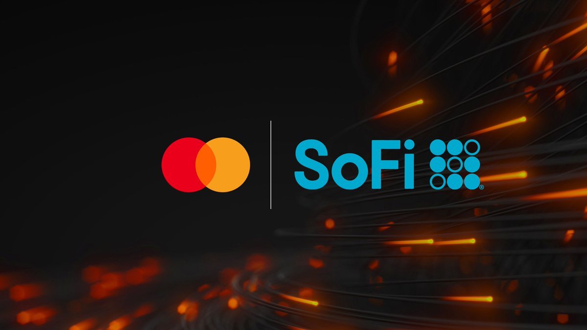 Mastercard logo and SoFi logo displayed side by side against a dark background with orange fiber optic light streaks.