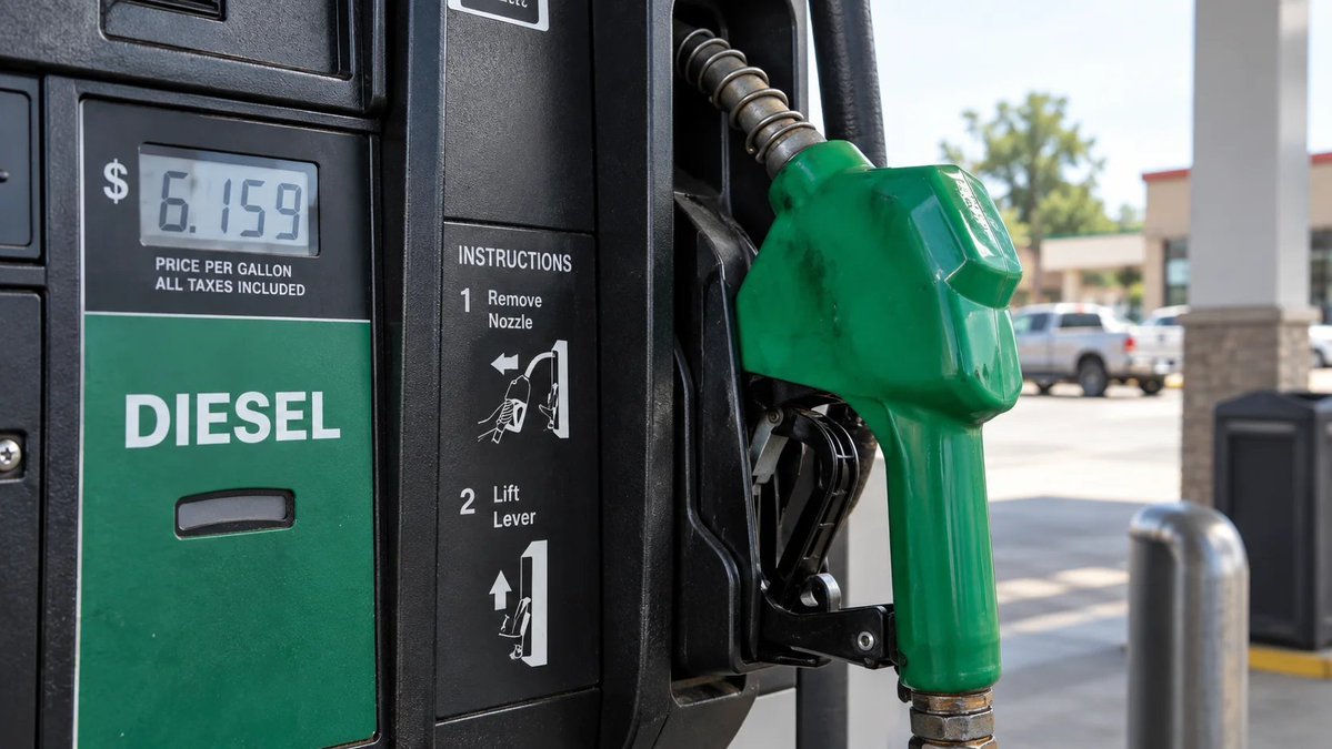 A green diesel pump nozzle resting in its holster on a fuel dispenser showing a price of 6.159 dollars per gallon.
