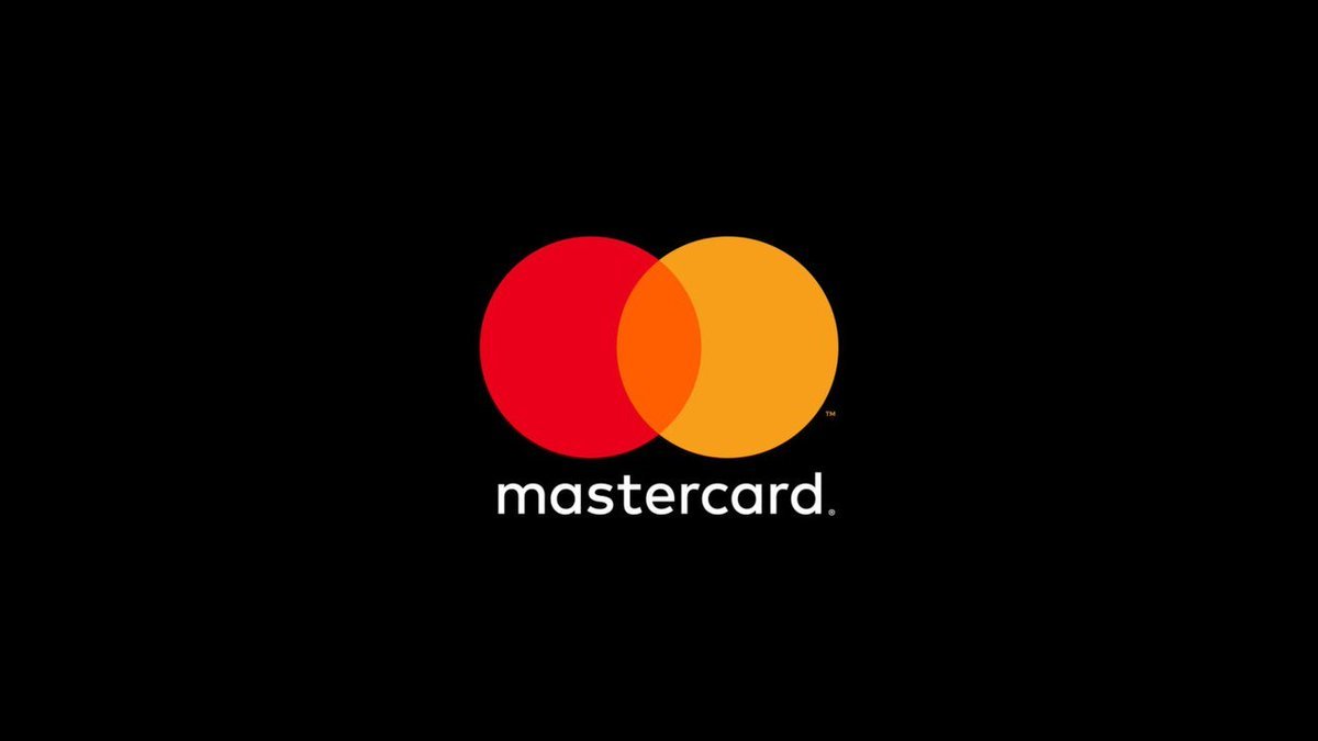 Mastercard logo with overlapping red and yellow circles centered against a black background.