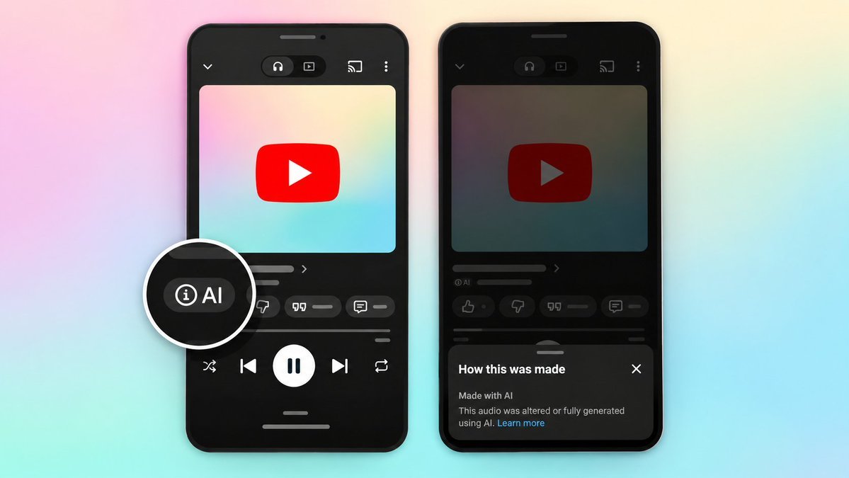Screenshots of the YouTube Music mobile app interface showing an AI indicator badge and a 'How this was made' panel reading 'Made with AI'.