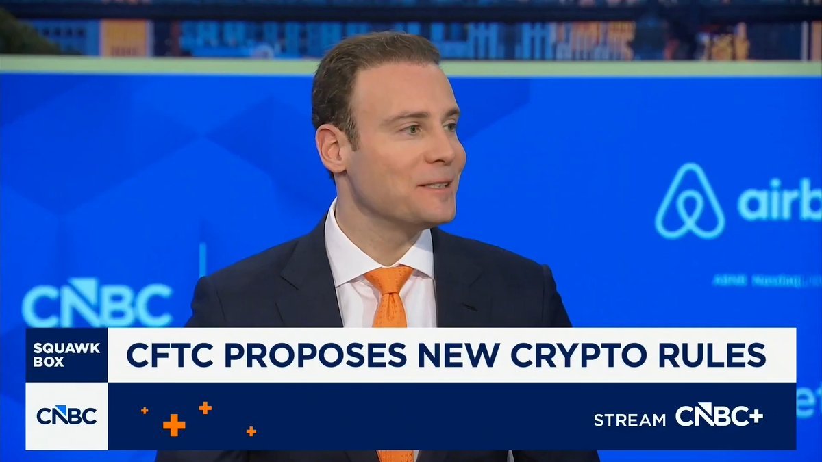 CFTC Chairman Michael Selig speaking during an interview on CNBC's Squawk Box with a lower banner reading 'CFTC PROPOSES NEW CRYPTO RULES.'