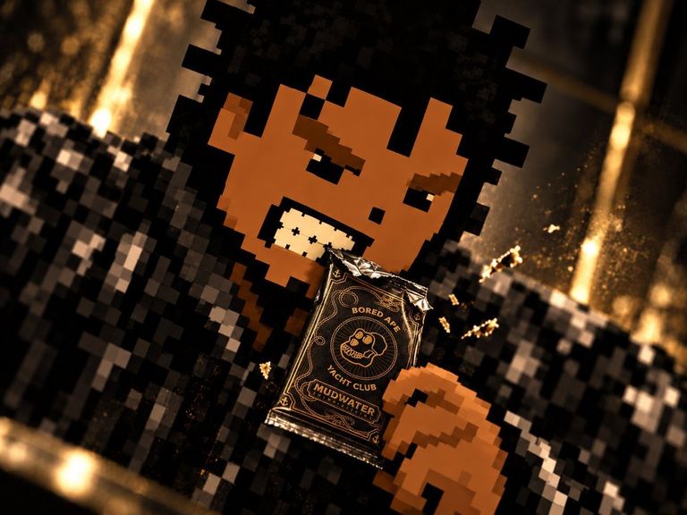 Pixelated character holding a sealed Bored Ape Yacht Club Mudwater trading card pack.