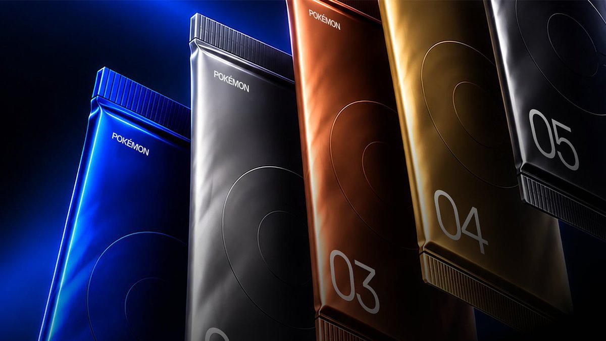 Teaser graphic of numbered metallic Pokémon digital booster packs in blue, silver, bronze, and gold.