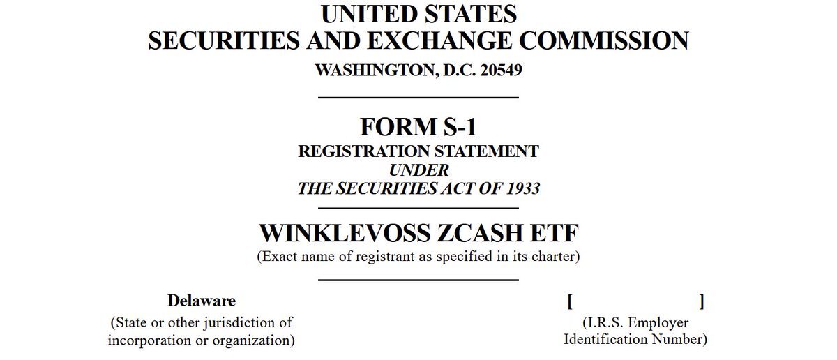 An SEC Form S-1 registration statement header naming Winklevoss Zcash ETF as the registrant.