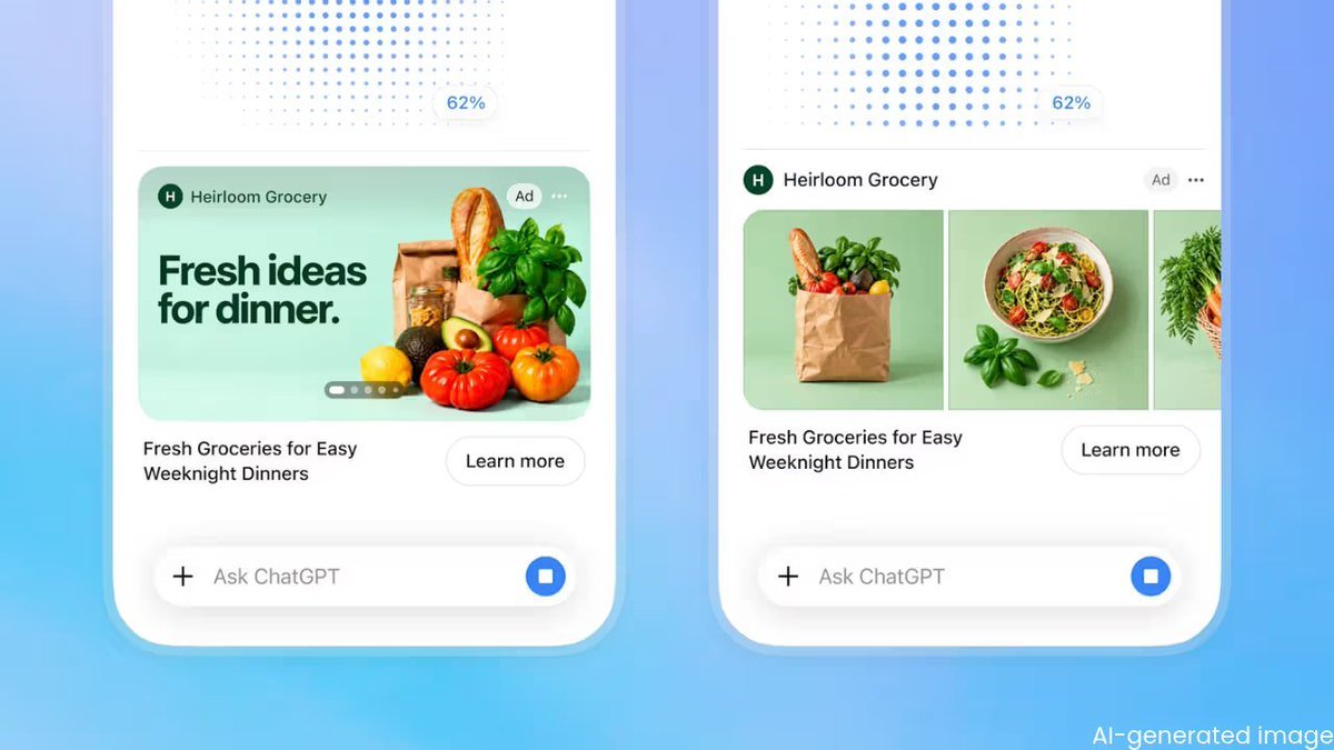 Mockup of ChatGPT's interface displaying visual advertisement cards for a grocery brand during image generation.