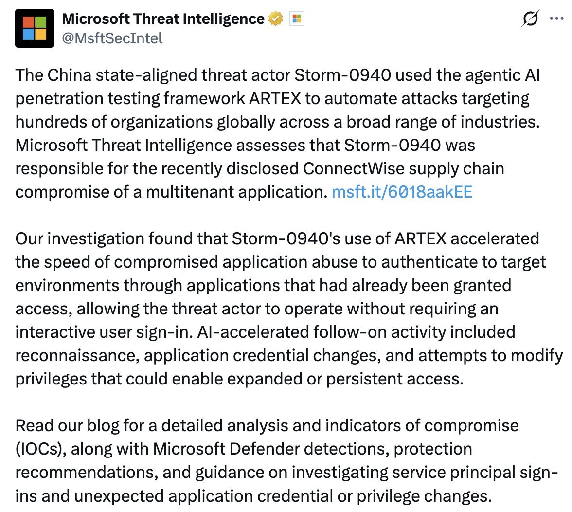 Screenshot of an X post by Microsoft Threat Intelligence regarding Storm-0940 using the ARTEX framework in the ConnectWise supply chain compromise.