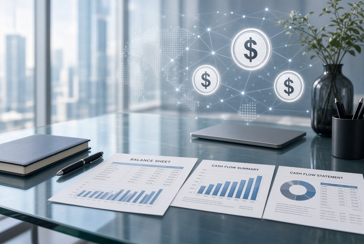 An office desk with corporate financial documents labeled balance sheet and cash flow summary, alongside floating digital currency dollar icons.