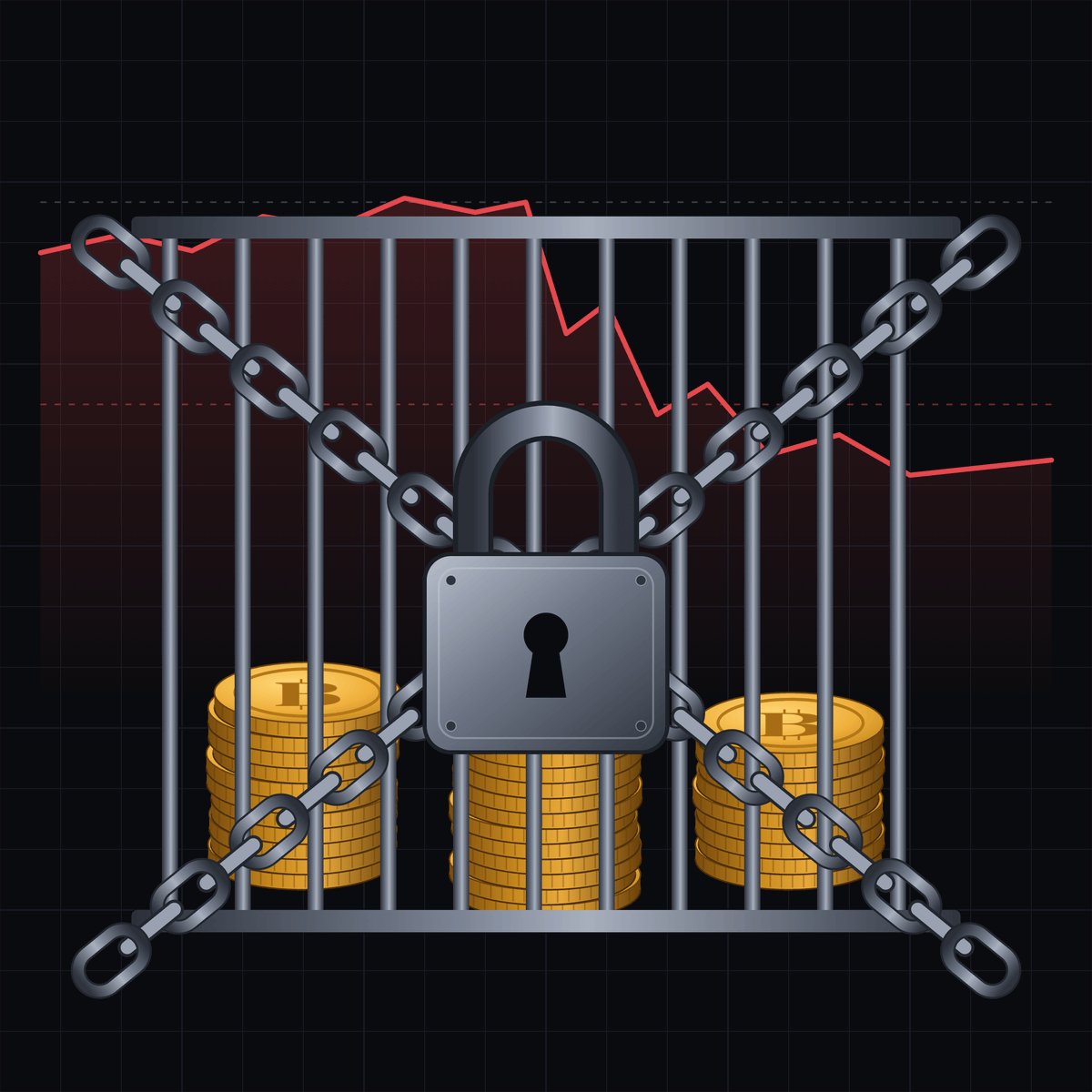 An illustration of stacks of bitcoin locked behind metal bars and chains with a padlock, set against a declining red chart line.