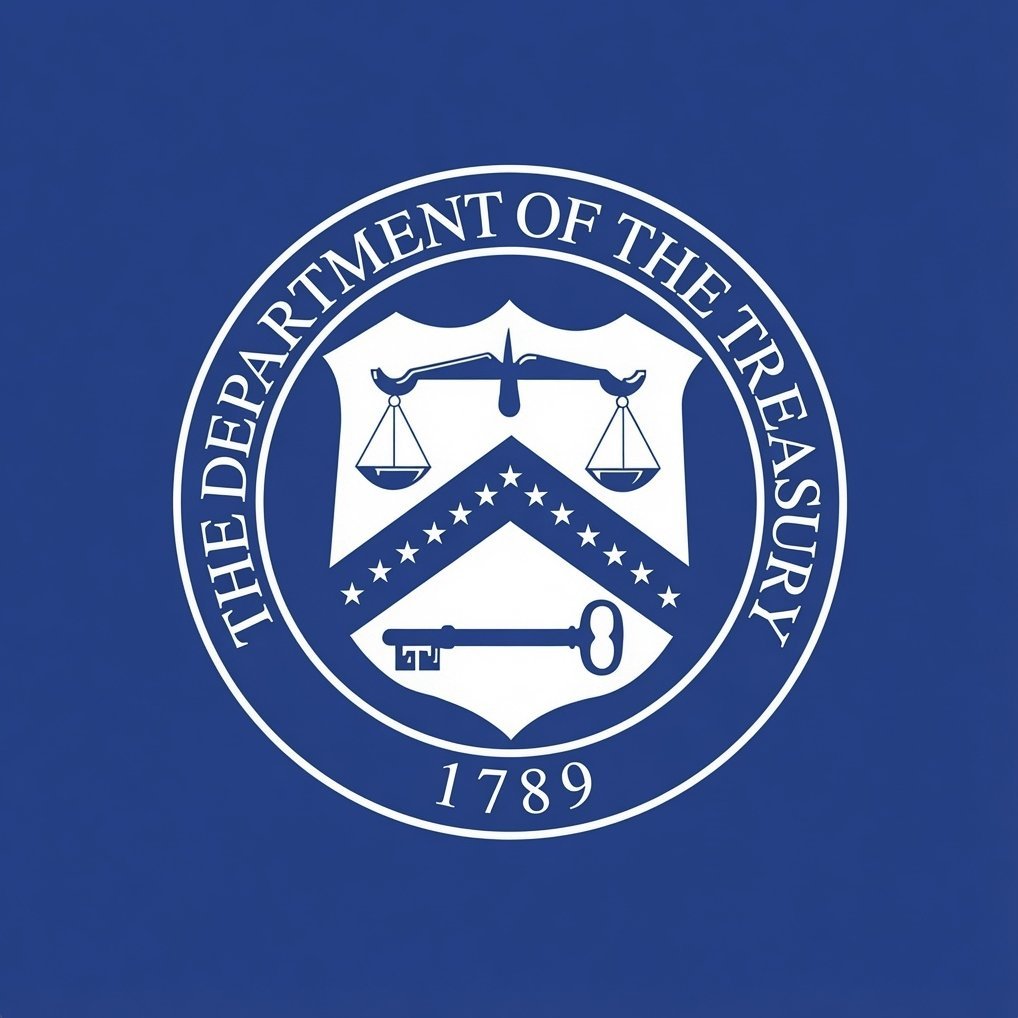 Official seal of the United States Department of the Treasury displayed in white against a blue background.