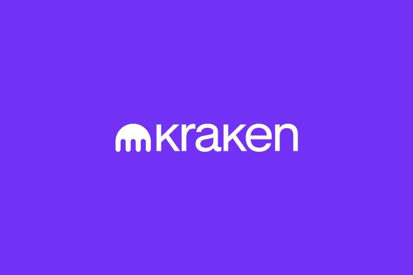 Kraken logo with white lettering and octopus emblem centered on a purple background.