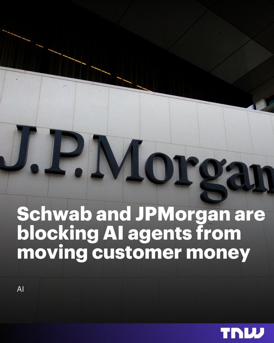 Exterior building signage for J.P. Morgan with text reading 'Schwab and JPMorgan are blocking AI agents from moving customer money.'