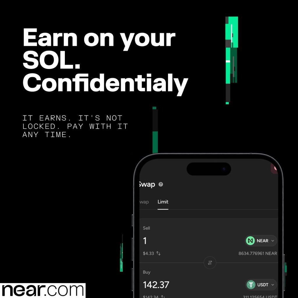 Promotional graphic reading 'Earn on your SOL. Confidentialy' above a smartphone displaying the near.com swap interface.