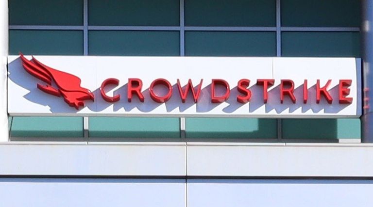 CrowdStrike logo and sign on an exterior building wall