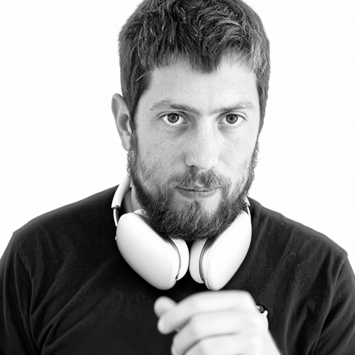 A black-and-white portrait photo of LayerZero CEO Bryan Pellegrino wearing headphones around his neck.