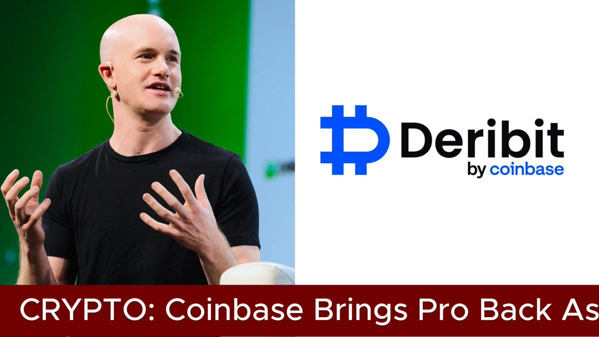 Coinbase CEO Brian Armstrong speaking next to the Deribit by coinbase logo.