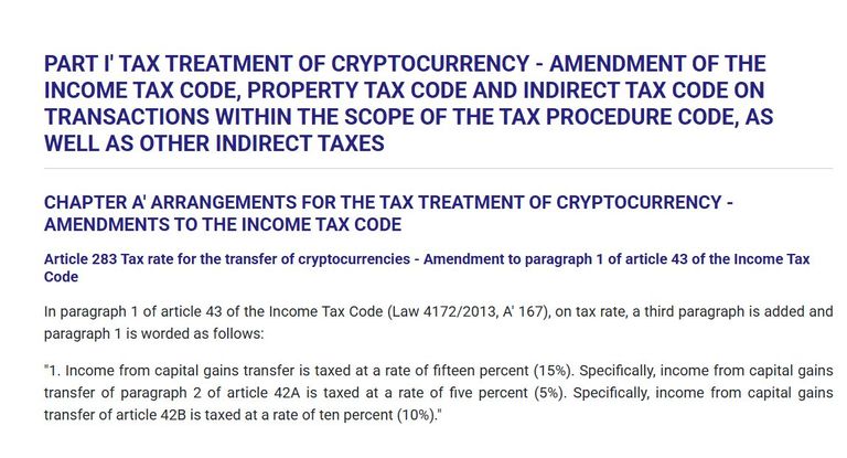 Screenshot of draft legislative text titled 'Part I Tax Treatment of Cryptocurrency - Amendment of the Income Tax Code' detailing tax rates on capital gains.