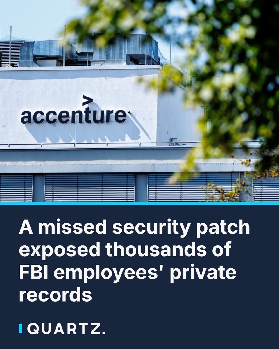An Accenture logo on an exterior building wall, above text describing a data breach that exposed FBI employee records.