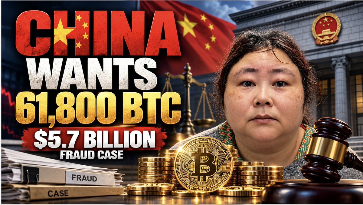 Graphic depicting Qian Zhimin alongside gold bitcoin tokens, a gavel, and bold text reading 'China Wants 61,800 BTC $5.7 Billion Fraud Case'.