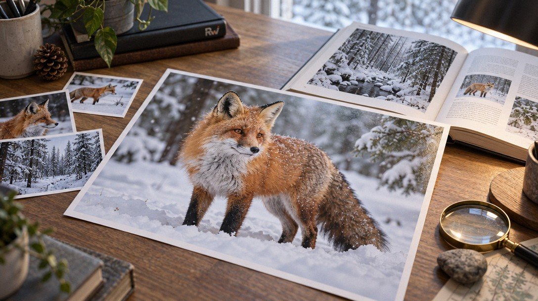 A printed photo of a red fox in the snow on a wooden desk surrounded by smaller reference photographs and a book.