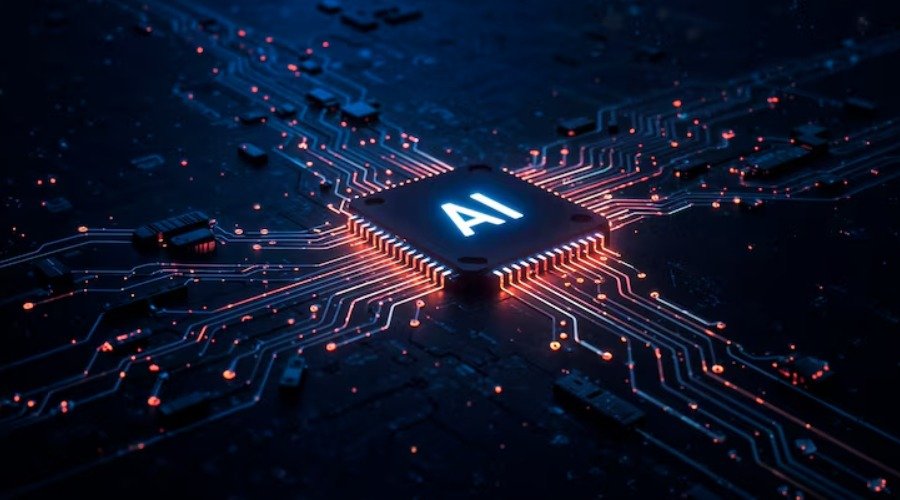 Graphic illustration of an AI computer microchip glowing on a dark circuit board.