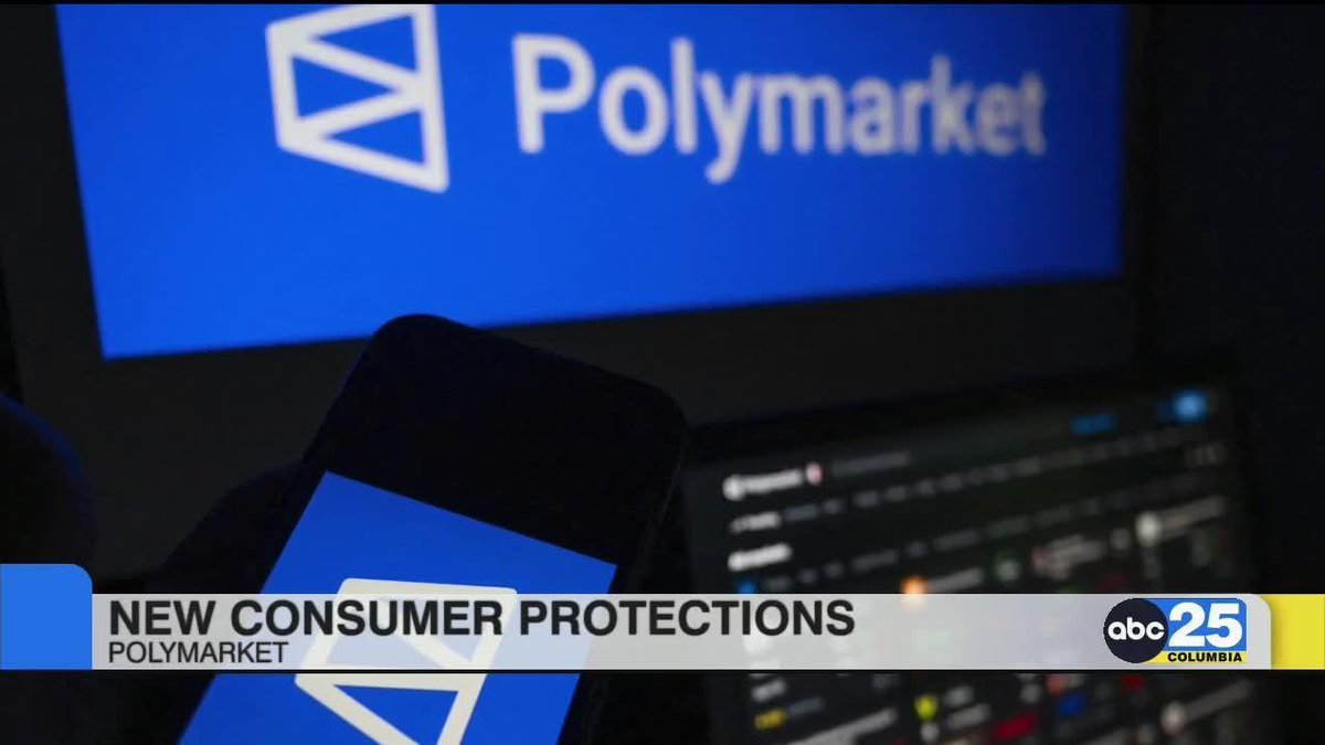 A news broadcast screen showing the Polymarket logo on a monitor and smartphone, with a lower-third banner reading 'NEW CONSUMER PROTECTIONS'.