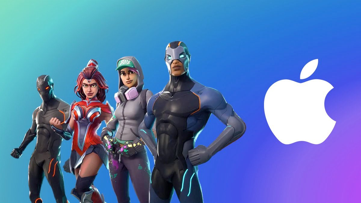 An illustration featuring Fortnite video game characters alongside the Apple logo against a gradient background.
