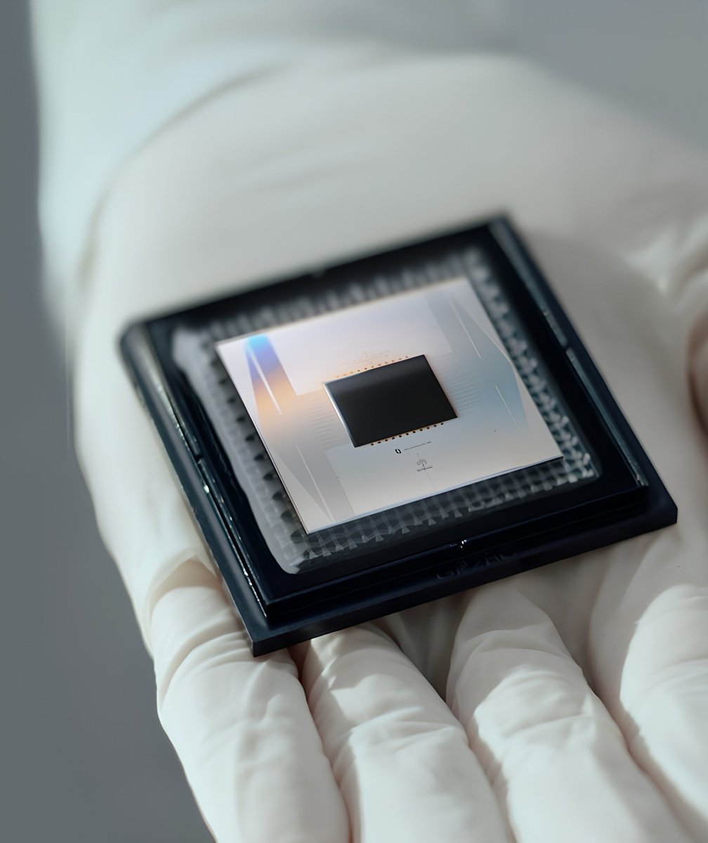 A close-up shot of Google's Willow quantum computing chip held in a gloved hand.
